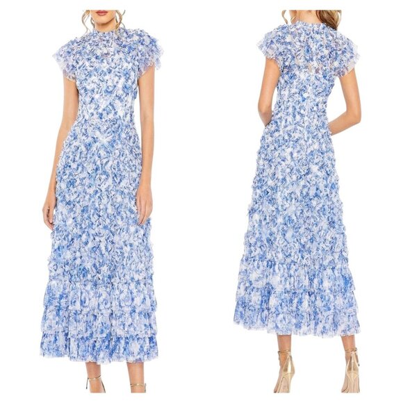 Mac Duggal 8009 Blue White Floral Chiffon Ruffle Gown Size 18 NWT - Picture 1 of 7